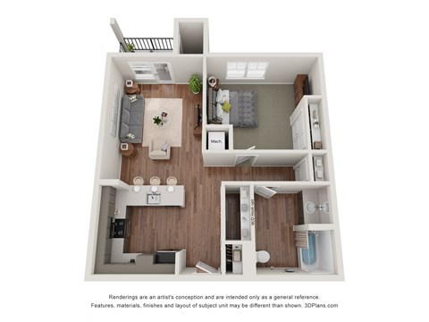 Floor plan for 1 bed, 1 bath, 764 sqft